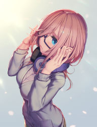 Rule 34 | 1girl, blue cardigan, blue eyes, breasts, brown hair, cardigan, closed mouth, commentary request, glasses, go-toubun no hanayome, hair between eyes, hair over one eye, headphones, headphones around neck, large breasts, long sleeves, nakano miku, rotix, shirt, solo, upper body, white shirt