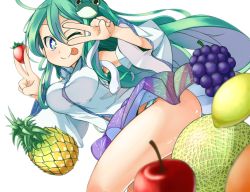 Rule 34 | 1girl, bare shoulders, blue eyes, breasts, clothes lift, detached sleeves, double v, female focus, food, frog hair ornament, fruit, furorina, grapes, green hair, hair ornament, hair tubes, kochiya sanae, large breasts, legs, lemon, long hair, long sleeves, looking at viewer, melon, one eye closed, panties, pantyshot, pineapple, polka dot, polka dot panties, shirt, simple background, skirt, skirt lift, smile, snake hair ornament, solo, standing, star-shaped pupils, star (symbol), strawberry, symbol-shaped pupils, tongue, tongue out, touhou, underwear, v
