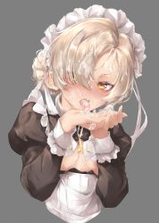 Rule 34 | 1girl, after fellatio, apron, azur lane, blonde hair, blush, braid, breasts, cross, cum, cum in mouth, cum on hair, cum on tongue, dress, french braid, frilled apron, frills, grey background, highres, jewelry, long sleeves, looking at viewer, maid, maid apron, maid headdress, no bra, open clothes, open mouth, sheffield (azur lane), short hair, simple background, small breasts, solo, sutetete, tongue, tongue out, white apron, yellow eyes