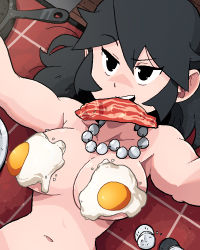 Rule 34 | 1girl, bacon, black eyes, black hair, breasts, egg, egg (food), food, food on body, jewelry, large breasts, long hair, lucia (scott malin), mouth hold, navel, necklace, nude, original, parted lips, salt, scott malin, shadow, solo, sunny side up egg, tile floor, tiles, upper body