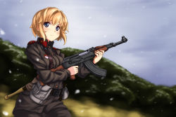 Rule 34 | 1girl, a9b (louis814), ak-47, ammunition pouch, assault rifle, belt, blonde hair, blue eyes, blurry, blurry background, collared jacket, commentary request, gun, holding, holding gun, holding weapon, jacket, kalashnikov rifle, military, military jacket, military uniform, original, outdoors, pouch, red star, rifle, short hair, snowing, solo, soviet, star (symbol), uniform, weapon