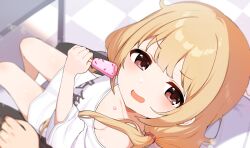 Rule 34 | 1girl, blonde hair, brown eyes, clothes writing, commentary request, flat chest, food, from above, futaba anzu, highres, holding, holding food, idolmaster, idolmaster cinderella girls, inuyama nanami, long hair, looking at viewer, off-shoulder shirt, off shoulder, open mouth, shirt, short sleeves, sitting, solo, white shirt