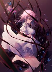Rule 34 | 1girl, bare legs, barefoot, bug, butterfly, candy, commentary request, dress, fate/stay night, fate (series), food, from side, hair between eyes, highres, insect, kuro futoshi, long hair, looking at viewer, looking to the side, matou sakura, official alternate costume, parted lips, petals, puffy short sleeves, puffy sleeves, purple background, purple hair, red eyes, short sleeves, skirt hold, solo, standing, standing on one leg, string, stuffed toy, white dress, wrapped candy