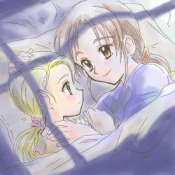 Rule 34 | 00s, 2girls, artist request, bed, blonde hair, blush, brown eyes, brown hair, eye contact, female focus, fujita akane, futari wa precure, futari wa precure max heart, green eyes, hand on another&#039;s head, hand on another&#039;s shoulder, indoors, kujou hikari, looking at another, low ponytail, lowres, lying, multiple girls, pillow, precure, shared blanket, smile, source request, under covers, yuri