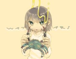 Rule 34 | 1other, androgynous, animal, black eyes, bright pupils, brown hair, crab, hands up, highres, holding, holding animal, kezuru, long sleeves, looking at viewer, medium hair, original, parted lips, romaji text, shirt, simple background, solo, white pupils, white shirt, yellow background