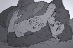 Rule 34 | 2boys, bara, bed, closed eyes, couple, death stranding, facial hair, facial mark, goatee, greyscale, hamms hamss, higgs (death stranding), looking at another, lying, male focus, mature male, monochrome, multiple boys, muscular, muscular male, mustache, nail polish, on back, on bed, pants, sam porter bridges, shirt, short hair, smile, tank top, yaoi