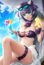 Rule 34 | 1girl, :d, amano kusatsu, animal ears, arm garter, azur lane, bare shoulders, beach umbrella, bikini, bird, black hair, blue eyes, bow, bowtie, breasts, cheshire (azur lane), cheshire (summery date!) (azur lane), chick, choker, cleavage, day, earrings, eyewear on head, fake animal ears, feet out of frame, flower, frilled bikini, frills, headdress, highres, holding, jewelry, knee up, looking at viewer, lying, manjuu (azur lane), medium breasts, multicolored hair, navel, official alternate costume, on back, open mouth, outdoors, purple bikini, purple choker, purple flower, reclining, revision, sarong, short hair, sitting, smile, solo, stomach, strapless, strapless bikini, streaked hair, sunglasses, swimsuit, thigh strap, thighs, tropical drink, umbrella