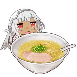 Rule 34 | 10s, 1girl, altera (fate), blush stickers, bowl, chibi, dark-skinned female, dark skin, drooling, fate/extella, fate/extra, fate (series), food, food request, grey hair, headband, jitome, kou mashiro, mouth drool, open mouth, red eyes, short hair, simple background, solo, spoon, veil, white background