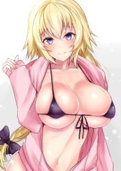 Rule 34 | 1girl, bikini, bikini top only, black bikini, blonde hair, blue eyes, blush, bow, braid, breasts, cleavage, collarbone, fate/apocrypha, fate (series), front-tie bikini top, front-tie top, hair between eyes, hair bow, hand up, highres, jacket, jeanne d&#039;arc (fate), jeanne d&#039;arc (ruler) (fate), jeanne d&#039;arc (white cruising) (fate), large breasts, long braid, long hair, looking at viewer, navel, open clothes, open jacket, pink jacket, sankakusui, shiny skin, single braid, skindentation, smile, solo, swimsuit, very long hair