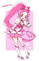 Rule 34 | 10s, 1girl, absurdly long hair, blush, boots, brooch, choker, cure blossom, dress, earrings, english text, eyelashes, hair ornament, hair ribbon, hanasaki tsubomi, happy, heart, heart brooch, heartcatch precure!, jewelry, knee boots, kneehighs, long hair, looking at viewer, magical girl, open mouth, pink dress, pink eyes, pink hair, ponytail, precure, ribbon, sketch, smile, socks, solo, standing, very long hair, wrist cuffs, yui (kanatamoo)