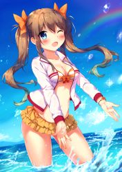 Rule 34 | 1girl, ;d, bikini, bikini skirt, blue eyes, blue sky, blush, bow, breasts, brown hair, cleavage, cloud, commentary request, day, ezoshika, fang, fingernails, groin, hair between eyes, hair bow, highres, horizon, jacket, long hair, long sleeves, looking at viewer, medium breasts, navel, ocean, one eye closed, open clothes, open jacket, open mouth, orange bow, original, outdoors, rainbow, side-tie bikini bottom, sky, smile, solo, standing, striped bikini, striped clothes, swimsuit, twintails, very long hair, wading, water, water drop, white jacket