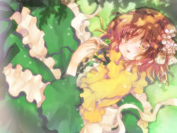 Rule 34 | 1girl, bad id, bad pixiv id, blush, braid, brown eyes, brown hair, capelet, commentary request, dappled sunlight, dress, feet out of frame, flower, frilled capelet, frills, green dress, hair between eyes, hair flower, hair ornament, hizukiryou, looking at viewer, open mouth, original, short hair, solo, sunlight, white flower, yellow capelet