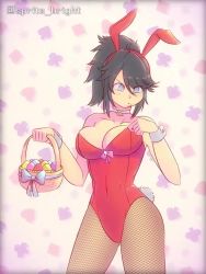 Rule 34 | animal ears, animated, basket, black hair, blue eyes, breasts, cleavage, clothes pull, easter egg, egg, fake animal ears, fishnets, gyorai, indie virtual youtuber, kson, large breasts, leotard, looping animation, playboy bunny, virtual youtuber, video