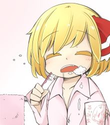 Rule 34 | 1girl, blonde hair, brushing teeth, character name, closed eyes, colored eyelashes, cup, d:, hair ribbon, jagabutter, open mouth, pajamas, ribbon, rumia, sleepy, soap bubbles, solo, squeans, toothbrush, toothpaste, touhou, towel