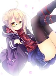 Rule 34 | 1girl, :o, ahoge, artoria pendragon (fate), ass, black-framed eyewear, black footwear, black thighhighs, blonde hair, blue skirt, blush, boots, buckle, coat, commentary request, duffel coat, fate/grand order, fate (series), feet out of frame, fringe trim, glasses, knee boots, legs up, long sleeves, looking at viewer, mysterious heroine x alter (fate), mysterious heroine x alter (first ascension) (fate), open clothes, open coat, parted lips, petals, plaid, plaid scarf, purple coat, red scarf, scarf, shirogane hina, short hair, simple background, skirt, solo, tareme, thighhighs, thighs, white background, yellow background