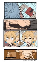 Rule 34 | 1boy, 1girl, blonde hair, blue eyes, blush, bowsette, bulge, collar, comic, earrings, emphasis lines, facial hair, fang, fang out, highres, horns, jewelry, jojo no kimyou na bouken, kuso otoko, mario, mario (series), meme, mustache, nervous, new super mario bros. u deluxe, nintendo, parody, pointy ears, ponytail, silent comic, spiked collar, spikes, super crown, sweat, to be continued, tongue, tongue out, twitter username, watermark, web address, wrench