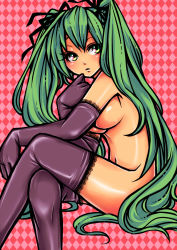 Rule 34 | 1girl, argyle, argyle background, argyle clothes, breasts, crossed legs, elbow gloves, gloves, green eyes, green hair, hair ribbon, hatsune miku, lace, lace-trimmed gloves, lace-trimmed legwear, lace trim, long hair, looking back, matching hair/eyes, navel, ntkshino, nude, ribbon, shiny skin, sitting, solo, thighhighs, twintails, very long hair, vocaloid