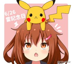 Rule 34 | 1girl, 1other, brown eyes, brown hair, chestnut mouth, creatures (company), crossover, dated, fang, fang out, game freak, gen 1 pokemon, hair between eyes, hair ornament, hairclip, ikazuchi (kancolle), kantai collection, mitya, nintendo, on head, open mouth, pikachu, pokemon, pokemon (creature), pokemon on head, portrait, short hair, twitter username