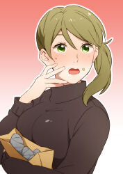 Rule 34 | 1girl, :o, absurdres, bag, blush, breast press, breasts, brown sweater, commentary request, crumbs, foil, food, food on face, gradient background, green eyes, green hair, hand on own face, hand up, highres, holding, holding bag, kirihara yuuka, love live!, love live! school idol festival, medium hair, nanatsu no umi, open mouth, outline, paper bag, red background, roasted sweet potato, side ponytail, solo, sweater, sweet potato, swept bangs, turtleneck, turtleneck sweater, white outline