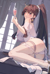 Rule 34 | 1girl, alternate costume, artist name, ass, blush, breasts, brown hair, commentary request, cup, drinking glass, hair between eyes, hair ornament, highres, himeyamato, holding, holding cup, iowa (kancolle), kantai collection, large breasts, long hair, ponytail, smile, solo, very long hair, wine glass, yamato (kancolle)