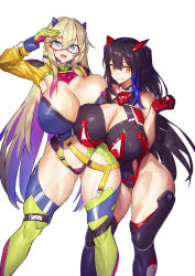 Rule 34 | 2girls, black hair, blonde hair, blue eyes, blue hair, breasts, cleavage, closed mouth, copyright request, curvy, gloves, highres, huge breasts, leotard, long hair, melon22, multicolored hair, multiple girls, open mouth, red eyes, shrug (clothing), simple background, smile, tagme, thick thighs, thighhighs, thighs, two-tone hair, very long hair, white background, wide hips
