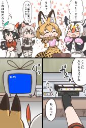 Rule 34 | 10s, ^ ^, aardwolf (kemono friends), animal ears, atlantic puffin (kemono friends), backpack, bad id, bad pixiv id, bag, bare shoulders, bird wings, black gloves, black hair, blonde hair, blush, bow, bowtie, closed eyes, eating, elbow gloves, extra ears, flying sweatdrops, food, gloves, grey eyes, hair between eyes, happy, hat feather, head wings, helmet, high-waist skirt, highres, holding, holding food, indoors, jacket, japari bun, kaban (kemono friends), kemono friends, long hair, long sleeves, multicolored hair, necktie, no nose, open mouth, pith helmet, ponytail, print gloves, print neckwear, print skirt, red hair, red shirt, scarf, serval (kemono friends), serval print, serval tail, shirt, short hair, shorts, skirt, sleeveless, sleeveless shirt, standing, striped tail, tail, tanaka kusao, television, translation request, two-tone hair, videocassette, videocassette recorder, white hair, wings, | |