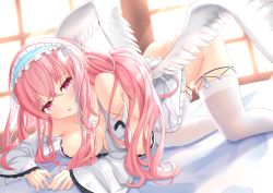Rule 34 | :o, ass, azur lane, bottomless, breast press, breasts, cleavage, clothes lift, dress, hair ribbon, highres, hiyada yuu, large breasts, long hair, looking at viewer, low twintails, no bra, perseus (azur lane), pink eyes, pink hair, ribbon, skirt, skirt lift, solo, sunlight, thighhighs, twintails, white thighhighs, wings