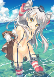 Rule 34 | 1girl, amatsukaze (kancolle), aoi sora-maru, black garter straps, black panties, censored, convenient censoring, covered erect nipples, garter straps, gloves, hair tubes, highres, kantai collection, long hair, navel, open clothes, panties, pussy, pussy peek, side-tie panties, skindentation, solo, tagme, thighhighs, thighs, two side up, underwear, white gloves, yellow eyes