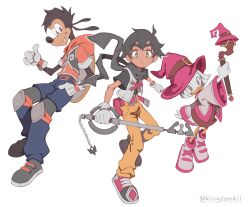 Rule 34 | 1girl, 2boys, absurdres, animal ears, artist name, black hair, character request, commentary, dark-skinned male, dark skin, dog boy, dog ears, duck girl, ducktales, english commentary, full body, furry, furry female, furry male, green eyes, hand in pocket, hat, highres, key, kii (kingdomkii), kingdom hearts, male focus, max goof, multiple boys, pink headwear, thumbs up, wand, webby vanderquack, white background, white hair, witch hat