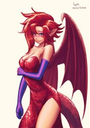 Rule 34 | 10s, 1girl, 2014, alternate breast size, bare shoulders, blue eyes, breasts, cleavage, cosplay, dated, draco (monster musume), dragon girl, dragon tail, dragon wings, dress, elbow gloves, embarrassed, gloves, jessica rabbit, jessica rabbit (cosplay), large breasts, lutherniel, monster girl, monster musume no iru nichijou, pointy ears, purple gloves, red hair, scales, sequins, shiny clothes, side slit, signature, simple background, slit pupils, smile, solo, tail, white background, who framed roger rabbit, wings