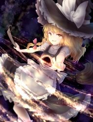 Rule 34 | 1girl, :d, apron, black hole, blonde hair, blush, braid, broom, broom riding, commentary, dress, hat, kirisame marisa, long hair, messy hair, minust, open mouth, pointing, pointing at viewer, reversed, side braid, single braid, smile, solo, touhou, waist apron, wavy hair, witch hat, yellow eyes