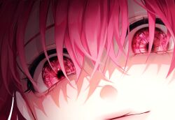 Rule 34 | 1girl, 58 (opal 00 58), close-up, closed mouth, commentary, english commentary, eye focus, eyelashes, hair between eyes, highres, looking at viewer, original, pink hair, pink theme, red eyes, solo