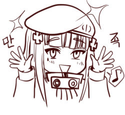 Rule 34 | 1girl, :&gt;, :d, bad id, bad pixiv id, beret, blush, facial mark, girls&#039; frontline, hair ornament, hat, hk416 (girls&#039; frontline), long hair, long sleeves, lowres, musical note, o.k.corral, open mouth, smile, speech bubble, spoken musical note, teardrop