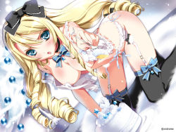 Rule 34 | 1girl, alice (pairon), arched back, blonde hair, blue eyes, blush, bottomless, bow, bowtie, breasts, cake, censored, christmas tree, convenient censoring, drill hair, feeding, food, frown, garter belt, hair bow, hair censor, hairband, incoming food, kamiya maneki, large breasts, lingerie, long hair, looking at viewer, momoiro taisen pairon, no bra, no panties, open clothes, open shirt, pastry, pov feeding, ringlets, shirt, solo, thighhighs, underwear, wallpaper, wardrobe malfunction, watermark