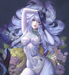 Rule 34 | 1girl, alternate costume, arm up, body fur, breasts, fingernails, flower, gloves, grey eyes, highres, kindred (league of legends), lamb (league of legends), large breasts, league of legends, lips, lipstick, long fingernails, long hair, looking at viewer, lying, makeup, mask, mask on head, unworn mask, navel, parted lips, silver hair, solo, swept bangs, wang chen, wolf (league of legends)