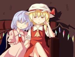 Rule 34 | 2girls, aqua brooch, ascot, bat wings, blonde hair, breasts, brooch, brown background, closed mouth, collarbone, couch, crossed legs, crystal, flandre scarlet, frilled sleeves, frills, hand on own cheek, hand on own face, hat, hat ribbon, highres, indoors, jewelry, looking at viewer, medium hair, mob cap, multicolored wings, multiple girls, no headwear, on couch, open mouth, otokichi-wo, pink shirt, pink skirt, puffy short sleeves, puffy sleeves, purple hair, red ascot, red eyes, red ribbon, red skirt, red vest, remilia scarlet, ribbon, shirt, short sleeves, shoulder-to-shoulder, siblings, simple background, sisters, sitting, skirt, skirt set, sleeping, sleeve ribbon, small breasts, touhou, v-shaped eyebrows, vest, white headwear, wings, yellow ascot