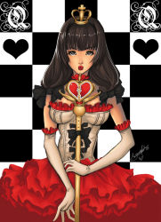 Rule 34 | brown eyes, brown hair, crown, dress, elbow gloves, gloves, hat, lipstick, long hair, makeup, solo, staff, wand