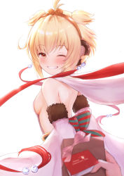 Rule 34 | 1girl, andira (granblue fantasy), animal ears, arms behind back, blonde hair, blush, breasts, clenched teeth, detached sleeves, gift, granblue fantasy, highres, holding, holding gift, kimblee, looking at viewer, looking back, medium breasts, monkey ears, one eye closed, red eyes, short hair, sideboob, simple background, smile, solo focus, teeth, valentine, white background