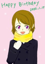 Rule 34 | 1girl, artist name, artist request, black coat, blush, breasts, brown hair, buttons, coat, earmuffs, female focus, gloves, hair between eyes, highres, koizumi hanayo, long sleeves, looking at viewer, love live!, love live! school idol festival, love live! school idol project, orange scarf, parted lips, pink background, purple eyes, scarf, short hair, small breasts, smile, solo, sparkle, upper body, white gloves