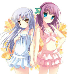 Rule 34 | 2girls, angel beats!, bad id, bad pixiv id, bikini, bikini skirt, blue eyes, blue one-piece swimsuit, bow, breasts, casual one-piece swimsuit, cleavage, collarbone, cowboy shot, green bow, hair bow, hairband, hand on own hip, head tilt, holding hands, layered bikini, long hair, looking at viewer, multiple girls, navel, one-piece swimsuit, purple hair, purple hairband, silver hair, simple background, standing, swimsuit, tenshi (angel beats!), toranosuke, white background, white bikini, yellow eyes, nakamura yuri