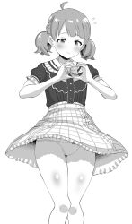 Rule 34 | 1girl, ahoge, belted skirt, blush, bow, bowtie, buttons, checkered clothes, checkered skirt, commentary request, dot nose, flat chest, flying sweatdrops, frilled skirt, frilled sleeves, frills, greyscale, hands up, heart, heart hands, highres, idolmaster, idolmaster million live!, idolmaster million live! theater days, legs, looking down, medium hair, monochrome, norakuro nero, official alternate costume, official alternate hairstyle, panties, pantyshot, private dress (idolmaster million live!), shirt, short sleeves, short twintails, skirt, smile, solo, suou momoko, thighs, twintails, underwear, white background, wind