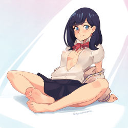 Rule 34 | 1girl, artist name, bare legs, barefoot, black hair, black skirt, blue eyes, blush, bow, bowtie, breasts, cardigan, closed mouth, collared shirt, covered erect nipples, feet, full body, gridman universe, highres, looking at viewer, medium breasts, miniskirt, navel, open cardigan, open clothes, partially unbuttoned, red bow, red bowtie, see-through, shirt, short hair, sitting, skirt, smile, soles, solo, squeezable (squeezabledraws), ssss.gridman, takarada rikka, toes, white cardigan, white shirt