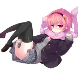 Rule 34 | 1girl, alternate costume, ass, black footwear, black skirt, black thighhighs, blazer, bow, bowtie, buttons, cardigan, full body, hair between eyes, hairband, heart, jacket, komeiji satori, long sleeves, looking at viewer, minamura haruki, miniskirt, open clothes, open jacket, pink eyes, pink hair, pink scarf, plaid, plaid skirt, pom pom (clothes), red bow, red bowtie, scarf, shoes, short hair, simple background, skirt, solo, thighhighs, touhou, white background