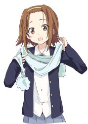 Rule 34 | 1girl, aqua scarf, blue jacket, blue ribbon, brown eyes, brown hair, cropped torso, dress shirt, grey skirt, hairband, ixy, jacket, k-on!, long sleeves, looking at viewer, neck ribbon, open clothes, open jacket, open mouth, pleated skirt, ribbon, sakuragaoka school uniform, scarf, school uniform, shirt, short hair, simple background, skirt, smile, solo, standing, tainaka ritsu, untucked shirt, upper body, white background, white shirt, wing collar, yellow hairband