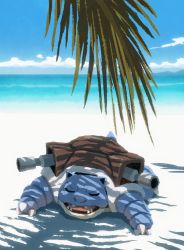 Rule 34 | absurdres, beach, blastoise, cannon, claws, cloud, creatures (company), day, closed eyes, fangs, game freak, gen 1 pokemon, highres, hyogonosuke, lying, nintendo, no humans, ocean, on stomach, open mouth, pokemon, pokemon (creature), shade, sky, sleeping, solo, water