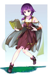 Rule 34 | 1girl, bare shoulders, book, collarbone, commission, dress, eruichi (redphantom), fire emblem, fire emblem: the sacred stones, gradient background, highres, holding, holding book, low twintails, lute (fire emblem), medium hair, nintendo, open book, purple dress, purple eyes, purple hair, shoes, simple background, skeb commission, sleeveless, sleeveless dress, smile, solo, twintails, v-shaped eyebrows