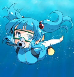 Rule 34 | 1girl, blue bodysuit, blue eyes, blue hair, blue theme, bodysuit, bubble, commission, dairi, diving mask, diving suit, flippers, goggles, gradient background, in water, kawashiro nitori, looking at viewer, scuba, skeb commission, snorkel, solo, touhou, two side up, underwater, water