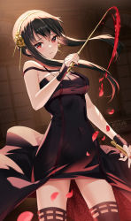 Rule 34 | 1girl, black dress, black hair, black thighhighs, blood, blush, breasts, closed mouth, commentary, commentary request, cowboy shot, dress, dual wielding, floating hair, flower, gold hairband, hair flower, hair ornament, hairband, highres, holding, large breasts, long hair, looking at viewer, petals, red eyes, revision, rose, rose petals, rosuuri, sidelocks, solo, spy x family, thighhighs, two-sided dress, two-sided fabric, watermark, web address, yor briar, zettai ryouiki