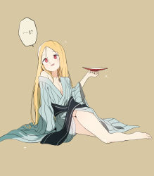 Rule 34 | 1girl, absurdres, blonde hair, blush, bural chingu, cup, full body, highres, japanese clothes, kimono, lee ji-min, long hair, looking at viewer, luke (dydansgur), open clothes, open kimono, open mouth, red eyes, sakazuki, simple background, smile, solo