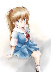 Rule 34 | 1girl, arm support, baumku techen, blouse, blue eyes, blue skirt, brown hair, closed mouth, collarbone, collared shirt, from behind, hair between eyes, headgear, highres, long hair, looking at viewer, mary janes, miniskirt, neck ribbon, neon genesis evangelion, pleated skirt, red ribbon, ribbon, school uniform, shirt, shoes, short sleeves, sitting, skirt, smile, smug, solo, souryuu asuka langley, suspender skirt, suspenders, tokyo-3 middle school uniform, very long hair, white background, white legwear, white shirt